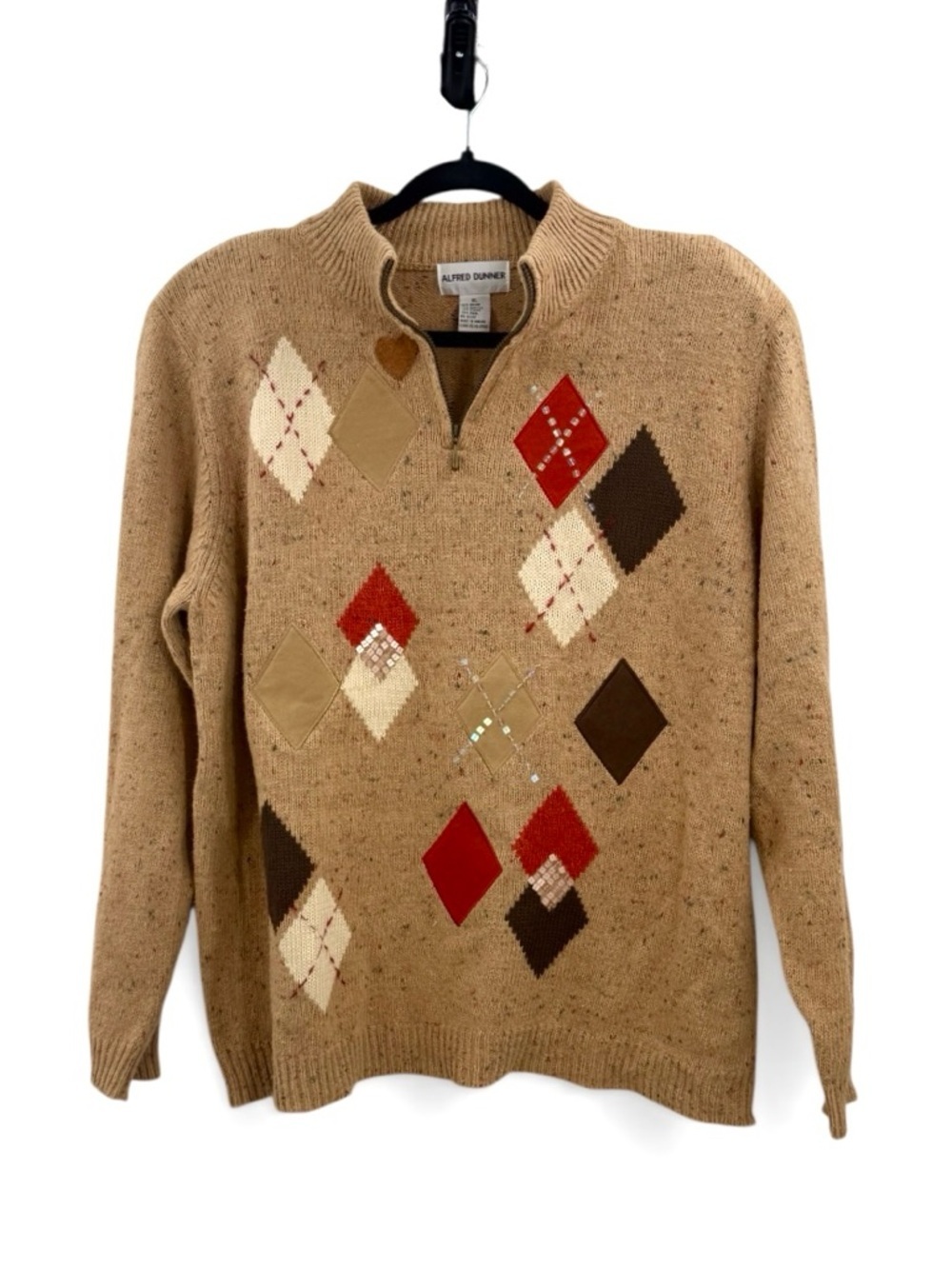 Vintage Alfred Dunner Argyle Sweater Tan Wool Blend Embellished Sequin Patch